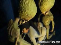 3D brunette babe getting double teamed by some aliens
