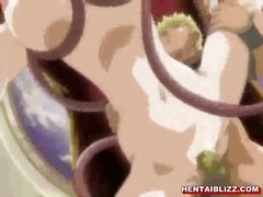 Hentai girl caught and monster tentacles threesome hard fucked